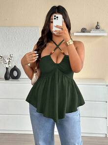 Elenzga 大码夏季畅销波西米亚度假休闲风格焦糖色独特不对称设计彩色穿孔木珠装饰交叉肩带性感魅力常规女式上衣 - 軍綠色 - 查看 8