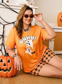 Chillnights Set pigiama taglia comoda con stampa fantasma e plaid, scollo a giro