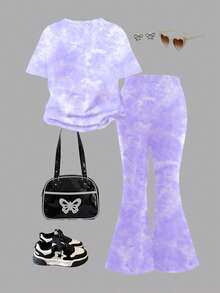 SHEIN Leap Crew 2 件套可爱卡通蓝色兔子露露，针迹图案，扎染天蓝色青少年女孩休闲简约短袖圆领 T 恤和喇叭裤套装，夏季服装，轻松舒适，儿童秋季分层，时尚儿童，休闲装，儿童图案服装，返校，秋季服装，返校节 - 彩色 - 查看 2