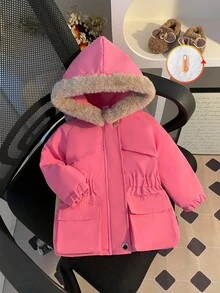 SHEIN 1 件婴儿女孩冬季时尚休闲街头风格粉色长袖连帽夹克，带白色毛皮衬里和卡其色毛皮饰边，适合学校和户外使用 - 玫紅色 - 查看 6