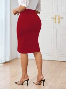 Lunelith SHEIN Lunessa Commuting Minimalist Elegant Solid Color Slim Fit Women Skirt - Red - View 2