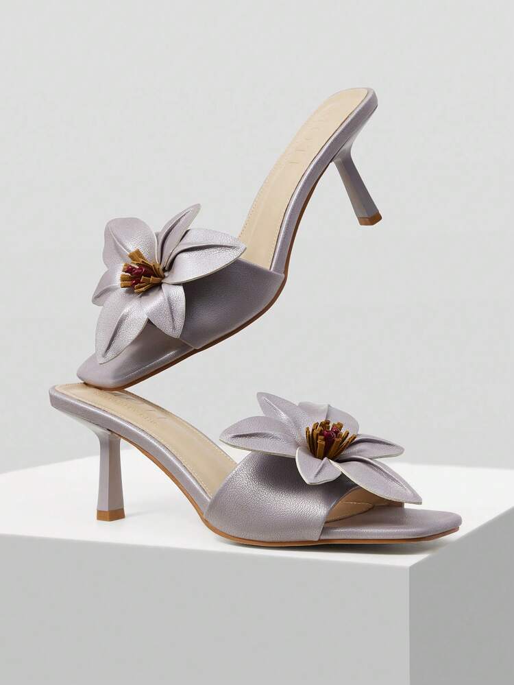 FLORAL DECOR FRENCH VACATION STYLE VERSATILE OPEN-TOE BACKLESS THIN HIGH HEEL SLIDE SANDALS FOR WOMEN