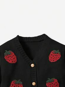 SHEIN Baby Girl Casual Strawberry Jacquard Cardigan, Autumn/Winter Fall - Black - View 4