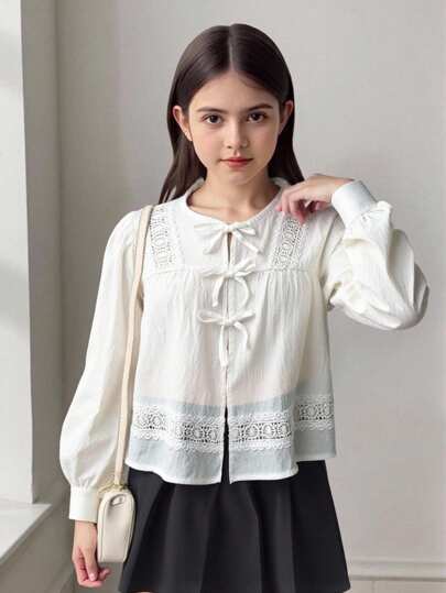 SHEIN 青少年女孩休闲简约舒适圆领蝴蝶结衬衫，返校季