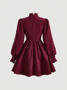 SHEIN Serisse Kids Tween Girl 优雅复古酒红色灯笼长袖灯芯绒连衣裙，带荷叶边领口，适合秋冬、圣诞节和日常穿着 - 酒紅色 - 查看 3