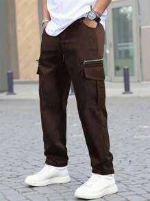 Manfinity Homme 男士休闲直筒梭织工装裤，带拉链细节，咖啡棕色宽松直筒休闲裤，秋季 - 咖啡棕 - 查看 1