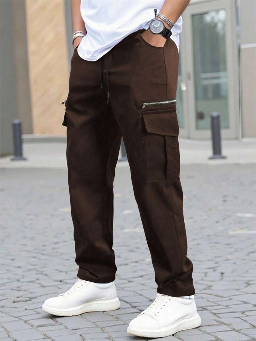 Manfinity Homme 男士休闲直筒梭织工装裤，带拉链细节，咖啡棕色宽松直筒休闲裤，秋季 - 咖啡棕 - 查看 1