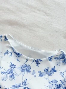 Tween Girls White And Blue Floral Ditsy Round Neck Long Sleeve Ruched Fitted Mesh Dress,Autumn,Elegant,Engagement Party Afternoon Tea Vacation Midi - Blue and White - View 3