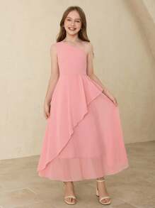 Váy biểu diễn piano trơn màu cổ lệch cho bé gái tuổi teen, chất liệu voan cho dịp trang trọng và trang phục trở lại trường - Hồng - Xem 4