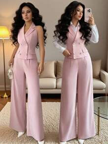 Elenzga Bộ vest công sở 2 món cho nữ, áo cổ bẻ cài nút ngọc trai và quần ống đứng cạp cao, phù hợp cho các cuộc họp văn phòng và công việc hàng ngày, mùa xuân/thu - Hồng - Xem 1