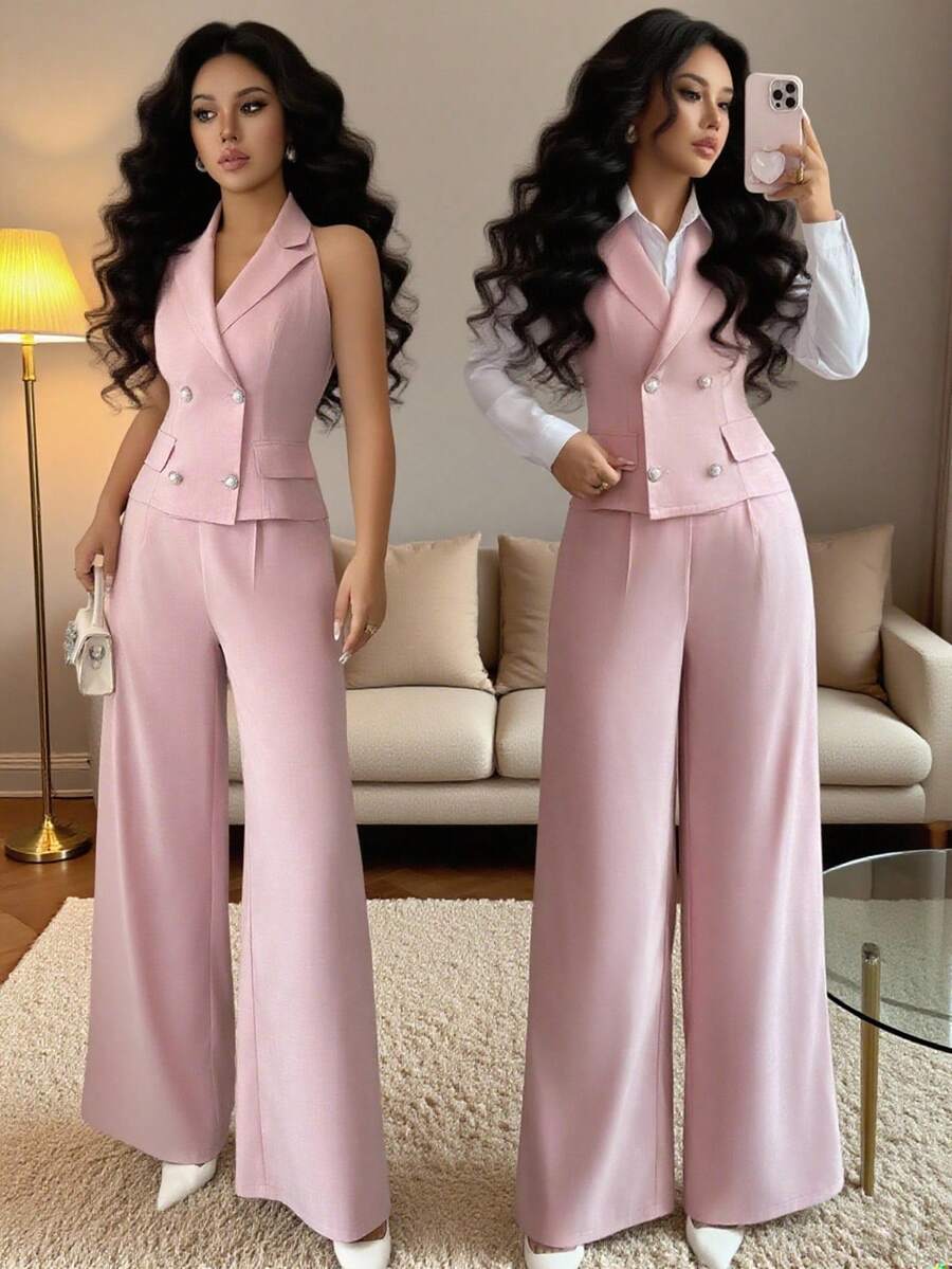 Elenzga Bộ vest công sở 2 món cho nữ, áo cổ bẻ cài nút ngọc trai và quần ống đứng cạp cao, phù hợp cho các cuộc họp văn phòng và công việc hàng ngày, mùa xuân/thu - Hồng - Xem 1