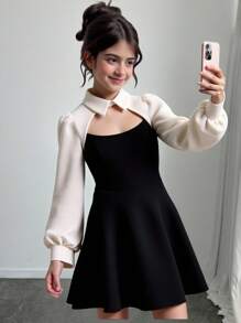 SHEIN Vestido casual minimalista y cómodo con mangas abullonadas y cintura ceñida para niña preadolescente