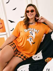 Chillnights Set pigiama taglia comoda con stampa fantasma e plaid, scollo a giro