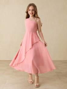 Váy biểu diễn piano trơn màu cổ lệch cho bé gái tuổi teen, chất liệu voan cho dịp trang trọng và trang phục trở lại trường - Hồng - Xem 3