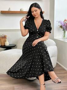 Modelyn Vestido elegante y romántico con estampado de satén y flor para mujer talla grande, con cuello en V profundo, mangas de burbuja y cintura con lazo