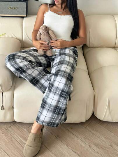 Teen Girls Sweet Camisole Plaid Pants Pajama Set Pj Zwart Wit Fall view 3