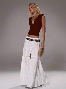 TRNVIE 女士深V领紧身休闲百搭上衣，春夏款 - 咖啡棕 - 查看 6