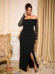 Cravure 永不过时：哥特式预科风，融入周三元素。拥抱你内心的阴影，展现女性的暗黑时尚。大码女式鸡尾酒会宴会长袖露肩蕾丝拼接修身长裙，黑色 - 黑色 - 查看 2