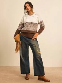 SHEIN LUNE Áo len nữ cỡ lớn phối màu mùa thu đông, áo len công sở thường ngày, áo len dáng ôm cho nữ dự tiệc, áo len nữ phối màu tương phản với chi tiết cúc cài, áo len chui đầu cho nữ. - Nhiều màu - Xem 6