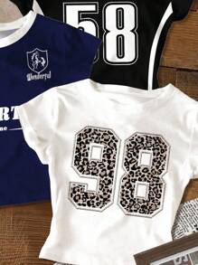 SHEIN 3 件套青少年女孩街头豹纹印花，数字 98 和 58，城市字母图案修身休闲舒适圆领长袖 T 恤，适合夏季 - 彩色 - 查看 8