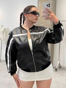 SHEIN EZwear 大码时尚百搭撞色条纹夹克女秋冬装 - 黑色 - 查看 2
