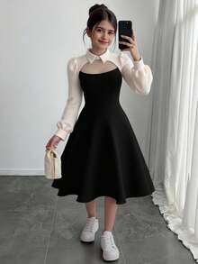 SHEIN Vestido casual minimalista y cómodo con mangas abullonadas y cintura ceñida para niña preadolescente