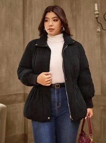 SHEIN LUNE Plus Size Solid Color Stand Collar Corduroy Warm Padded Coat For Women, Winter Fall Cloth For Women Autumn - Black - View 3