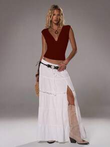 TRNVIE 女士深V领紧身休闲百搭上衣，春夏款 - 咖啡棕 - 查看 5