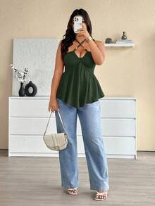 Elenzga 大码夏季畅销波西米亚度假休闲风格焦糖色独特不对称设计彩色穿孔木珠装饰交叉肩带性感魅力常规女式上衣 - 軍綠色 - 查看 5