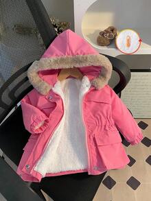 SHEIN 1 件婴儿女孩冬季时尚休闲街头风格粉色长袖连帽夹克，带白色毛皮衬里和卡其色毛皮饰边，适合学校和户外使用 - 玫紅色 - 查看 1