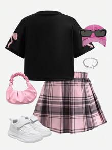 Sparklyn 2 件套年轻女孩休闲数字印花 T 恤和格子百褶裙，夏季 - 彩色 - 查看 2