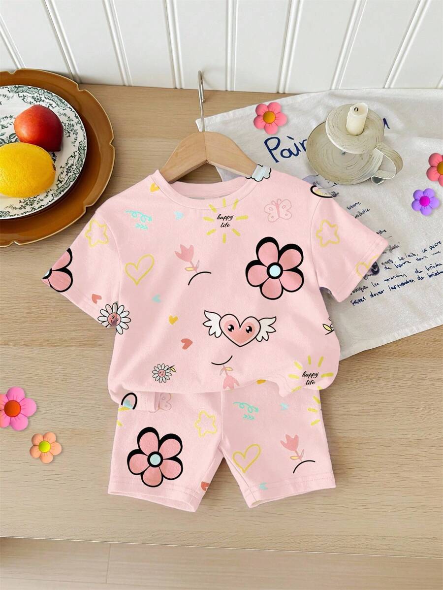 SHEIN 可爱涂鸦脸花心印花，女婴休闲宽松圆领短袖 T 恤和紧身短裤套装，适合春夏季度假 - 彩色 - 查看 1