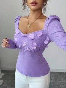 Elenzga Women's Elegant Layered V-Neck Long Sleeve Ruffle Lace Patchwork Fitted T-Shirt, Suitable For Everyday Wear In Spring, Autumn And Winter Fall Cloth For Women - Purple - View 4