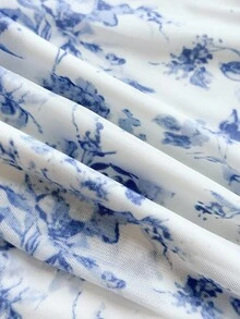 Tween Girls White And Blue Floral Ditsy Round Neck Long Sleeve Ruched Fitted Mesh Dress,Autumn,Elegant,Engagement Party Afternoon Tea Vacation Midi - Blue and White - View 7