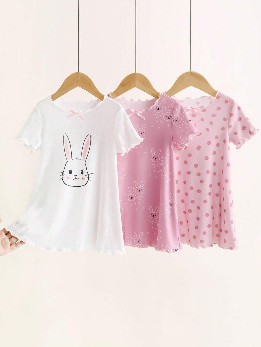 女婴3件套可爱卡通草莓和兔子图案丝带蝴蝶结装饰荷叶边圆领短袖针织睡袍套装 - 彩色 - 查看 1