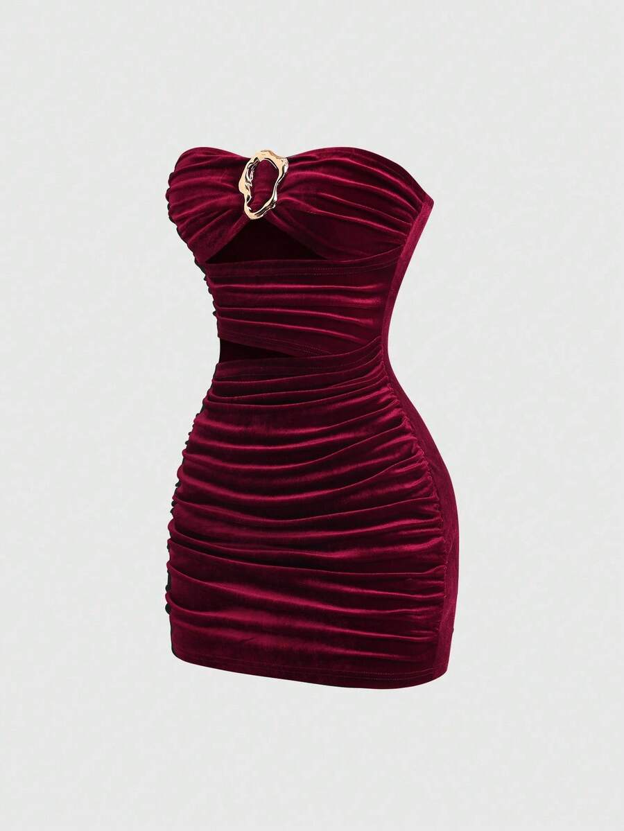 Sweetra Asymmetrical Hollow Midriff Exposed Autumn/Winter Sexy Bodycon Mini Dress, American Style Strapless, Christmas - Redwood - View 1