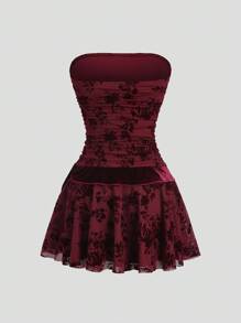 Sweetra 女式复古优雅性感抹胸领结万圣节派对连衣裙，秋季 - 酒紅色 - 查看 2