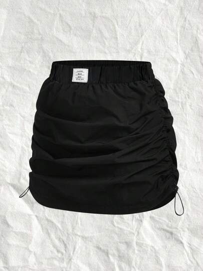 SHEIN EZwear CURVE 加大码女式黑色编织贴花松紧腰抽绳半身裙 情人节