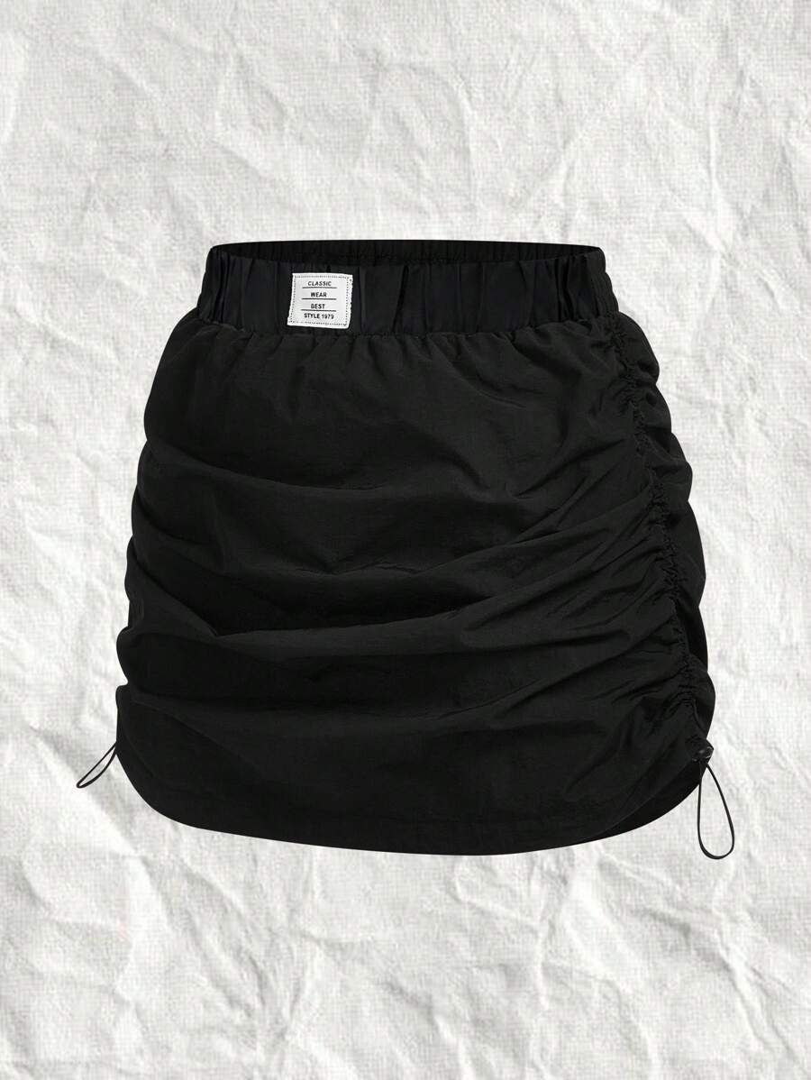 SHEIN EZwear CURVE 加大码女式黑色编织贴花松紧腰抽绳半身裙 情人节 - 黑色 - 查看 1