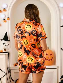Chillnights 女士万圣节南瓜、黑猫、蜘蛛和糖果印花缎领衬衫和短裤睡衣套装，适合万圣节派对 - 橘色 - 查看 2