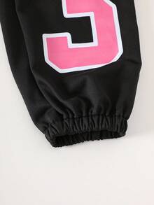 Conjunto de 2 peças de moletom esportivo de malha com estampa de números e blocos de cores para meninas adolescentes e calças cargo com bolso lateral, roupa casual para o dia a dia - Preto - Ver 4