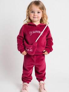 SHEIN Playful Pals Baby Love 刺绣羊毛连帽衫和裤子套装，秋冬 - 酒紅色 - 查看 3