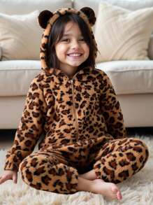 Young Girl Knitted Plush Leopard Print Hooded Jumpsuit - Mocha Brown - View 6