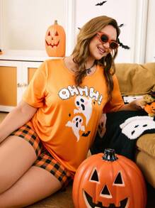 Chillnights Set pigiama taglia comoda con stampa fantasma e plaid, scollo a giro