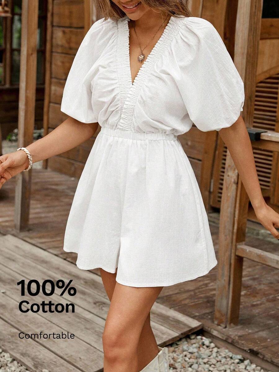 SHEIN LUNE Trang phục Navycore cỡ lớn dành cho nữ Trang phục trở lại trường Trang phục Halloween màu trơn dành cho nữ Trang phục cổ chữ V tay bồng phong cách hàng hải thường ngày dành cho nữ Trang phục hàng hải ven biển Bộ đồ liền thân thường ngày Trang phục đi chơi Quần áo giáo viên Quần liền thân - trắng - Xem 1