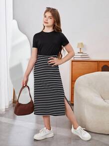 SHEIN Tween Girl Casual Black Knitted Striped Midi Dress With Slit, Simple T-Shirt Dress - Black - View 6