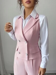 Elenzga Bộ vest công sở 2 món cho nữ, áo cổ bẻ cài nút ngọc trai và quần ống đứng cạp cao, phù hợp cho các cuộc họp văn phòng và công việc hàng ngày, mùa xuân/thu - Hồng - Xem 3