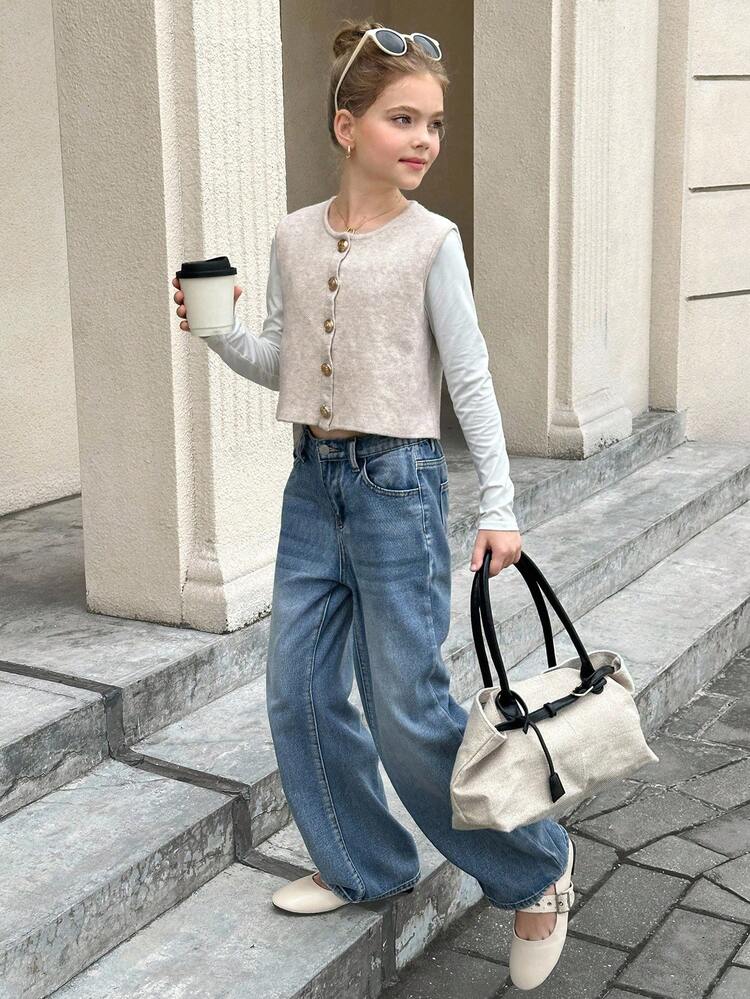 SHEIN Áo len cardigan cài nút kim loại màu mơ trơn đơn giản cho bé gái tuổi mới lớn - Màu be - Xem 8