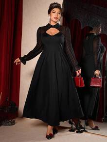 Cravure Vestido de manga larga con diseño de pecho calado, volantes en el bajo y estilo gótico elegante para mujer de talla grande