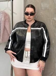 SHEIN EZwear 大码时尚百搭撞色条纹夹克女秋冬装 - 黑色 - 查看 1